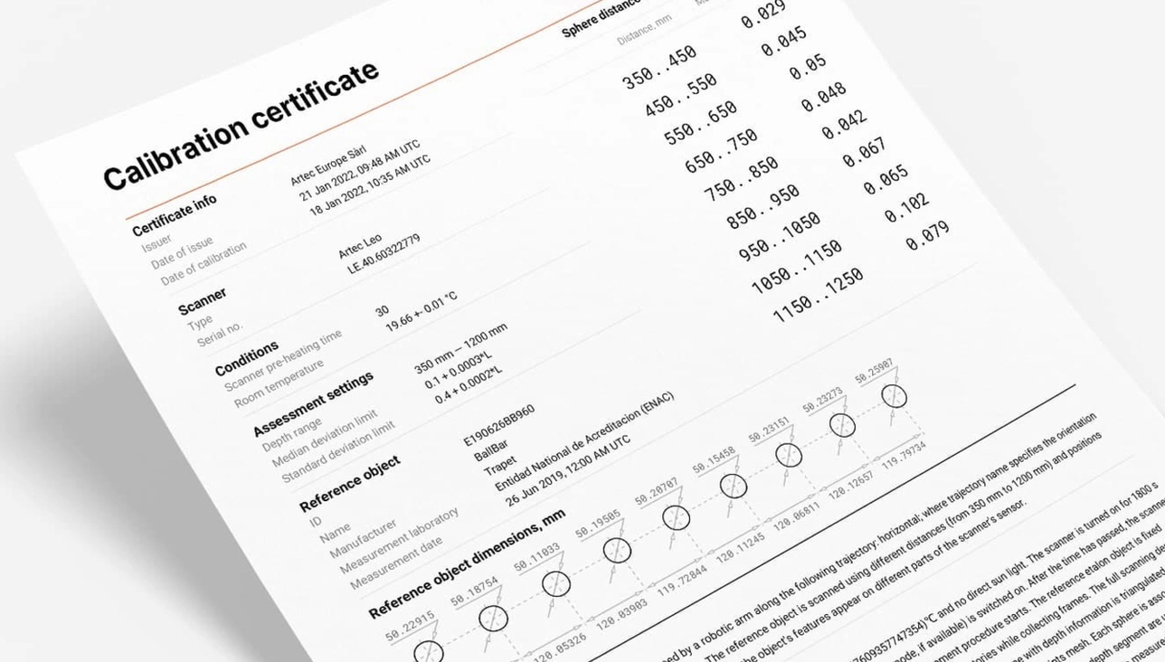 Artec Leo certificate
